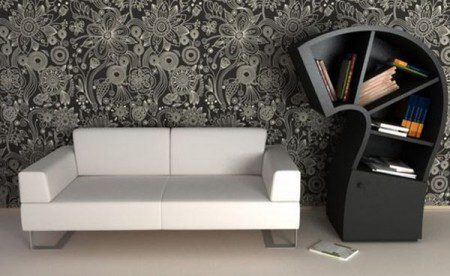 Книжный шкаф в день и лампа вечером 