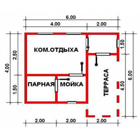 Проект бани 6х4 с террасой и комнатой отдыха